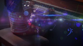 Animation of digital interface with icons and data processing over girl playing piano with headphones on. Global computer network technology concept digitally generated image. - Powered by Shutterstock - Get 15% off with code: PIKWIZARD15