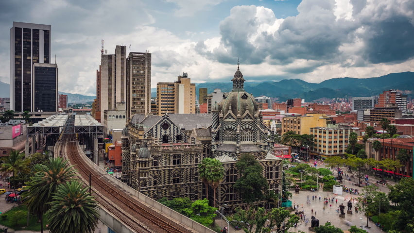 Zoom in timelapse view of Plaza Botero square in the Old Quarter of Medellin, Antioquia Department, Colombia. 