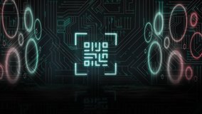 Animation of glowing green QR code with green and pink circle neon elements and computer circuit board on black background. Global online security data technology concept digitally generated image. - Powered by Shutterstock - Get 15% off with code: PIKWIZARD15