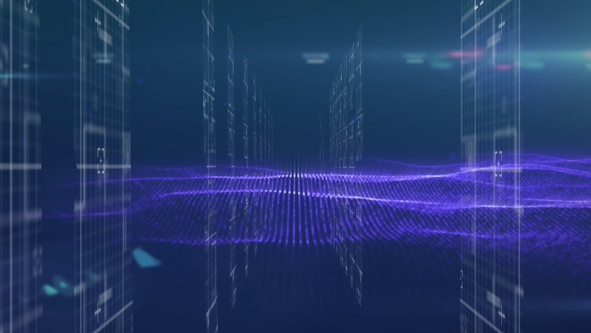 Animation of digital interface with computer servers, screens and data processing. Global computer network technology concept digitally generated image. | Shutterstock HD Video #1061085565