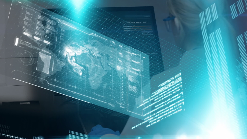 Animation of digital interface with icons and data processing. Global computer network technology concept digitally generated image. | Shutterstock HD Video #1061086051
