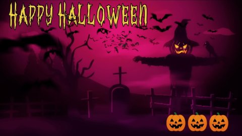 Happy Halloween Festival 4K Animation. Laughing pumpkin and flying Bats with happy halloween text. The concept of cemetery on dark sky, flying bats , ghost , pumpkin & scary misty fog night.
