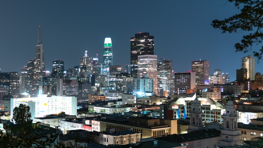 San Francisco Downtown Skyline Financial District Skyline from Russian Hill Night Time Lapse California USA