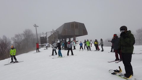 Hakuba, Japan - Jan 2 ,2020 : Many unidentified people prepare to ski at Hakuba 47  