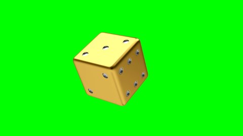 3D animation of one golden dice rotation isolated on a green screen. 4K resolution