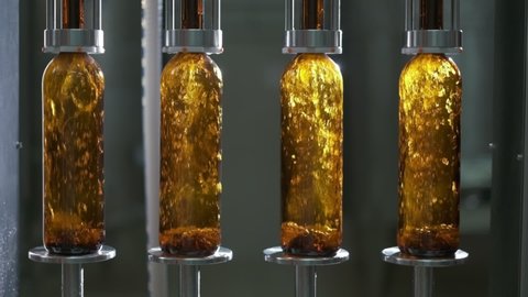 Filling wine by the machine into bottles made of brown glass. Close up slow motion