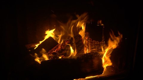 Chimney Fire in a Fireplace, Close Up Shot, wood burning, hot flame, campfire sparks 4