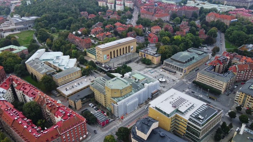Poseidon Statue At Gotaplatsen Public Square  In Gothenburg, Sweden. - aerial drone shot
