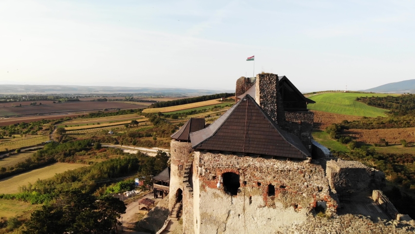 Boldogko Castle, Hungary. Aerial View of Ancient Hilltop Fortress and Landscape on Sunny Summer Day