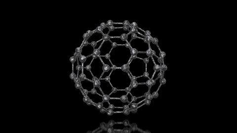 3D animation of a graphene molecule, a spherical carbon crystal lattice.