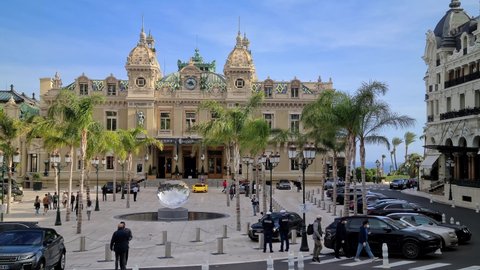 Monte-Carlo, Monaco - October 21, 2020: 8K Panorama View Of The New Casino Square (Place du Casino) With Cars, People, Buildings And Palm Trees In Monaco On The French Riviera, Europe - 8K UHD 