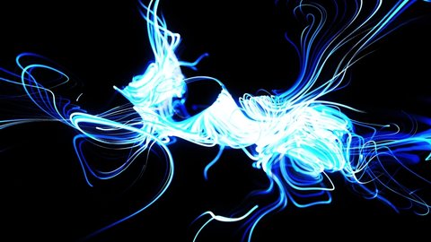 Fast lines of light streaks. Stream of particles forms curled blue lines like glow light trails, lines form swirling pattern like curle noise. Abstract 3d animation as bright creative festive bg