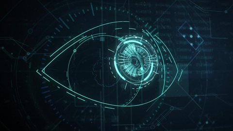Futuristic techno 4k background with eye. Cyber eye. Hud elements. Animation. Code background. Trendy sci-fi technology background. Colorful Green and Blue. Virtual.の動画素材