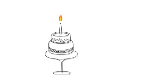 Self drawing animation of birthday cake with burning candle. Celebration, anniversary. Copy space. White background.