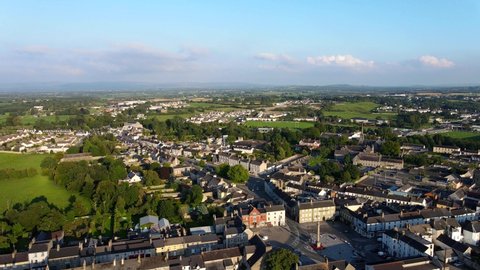 Aerial view over town of Birr. In the past called it was called Parsonstown. A beautiful location in County Offaly, on the banks of the River Camcor. Birr, County Offaly, Ireland.