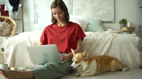 woman typing on laptop while sitting carpet with dog Avki. look at welsh corgi pembroke and smile. happy young woman pet owner typing on computer while sitting on floor in bedroom. concept student