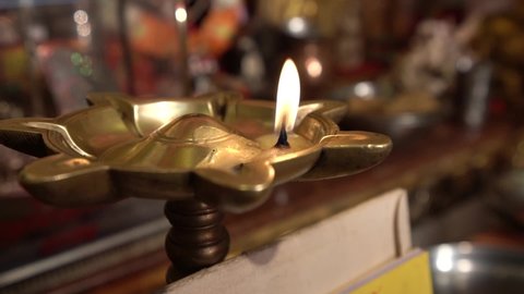 Diwali Diya Oil Lamp Close up, Brass oil Lamp Glowing, Diwali Indian Festival Decoration, Happy Diwali - Festival of lights