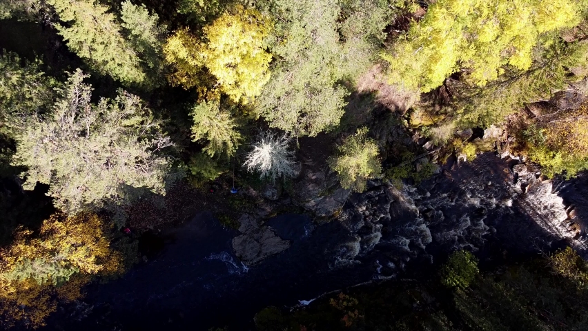 Aerial video from drone. An incredible landscape of golden autumn with a view of the Tyulyuk mountain river in the Urals. Chelyabinsk region, Russia.