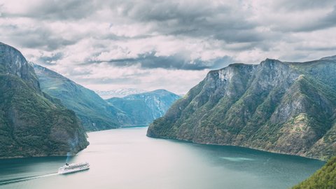 Aurland, Sogn And Fjordane Fjord, Norway. Amazing Summer Scenic View Of Sogn Og Fjordane. Ship Or Ferry Boat Liner Floating In Famous Norwegian Natural Landmark And Popular Destination In Summer Day.