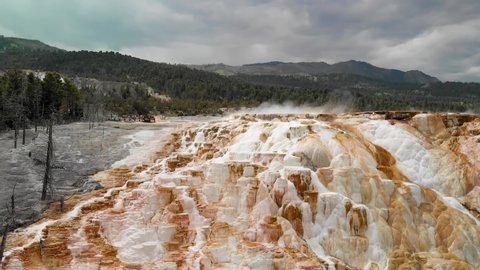 Mammoth Hot Springs aerial view of mountain and meadows, Yellowstone National park. Slow motion