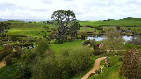New Zealand Countryside Panning View of Famous Tourist Attraction, Hobbiton