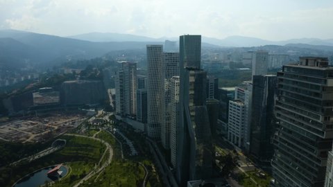 Modern Skyscrapers in Mexico City's Santa Fe District, Sierra Madre Mountains