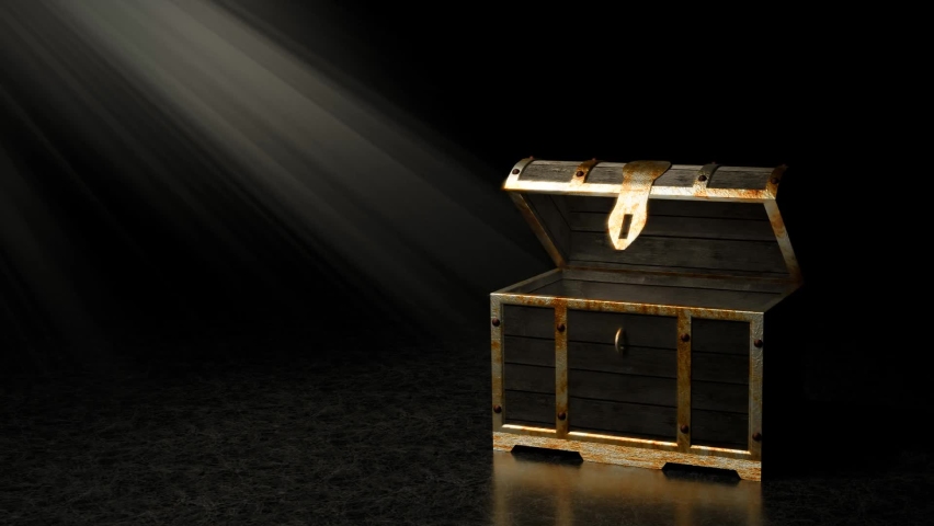 Numerous diamonds dashed out of the treasure chest. The treasure chest is made of wood. Put on a marble floor There are lights and God rays.3D Rendering. Royalty-Free Stock Footage #1061112595