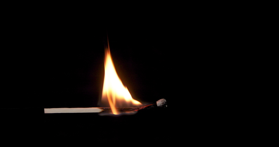 Full body shot of Match burning and combusting on black background. The match lights up, burns, and goes out. Burning match stick lights and then blown out. | Shutterstock HD Video #1061113351