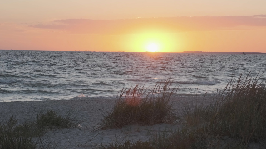 Beautiful orange sunset over sea on wild beach, seagulls and seabirds fly over sea waves. Sunbeam in lens. Grass sways in wind against background of sea. No people. Slow motion shot. 4k footage