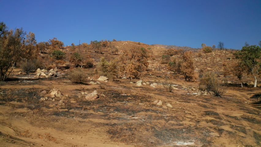 A hillside in the Red Mountain Range destroyed by a wildfire - aerial push forward