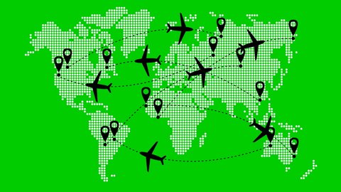 Animated planes fly along a trajectory. Airplane travel. Airplane fly from one place to another. World map from point pattern on a green background.