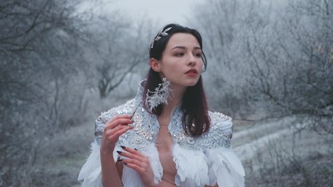 Sad young beautiful fabulous fantasy woman fairy holding freezing ice branch. Girl Brunette hair enjoys winter frosty Christmas forest. Creative white wedding wear, bird feather cape. Silver tiara