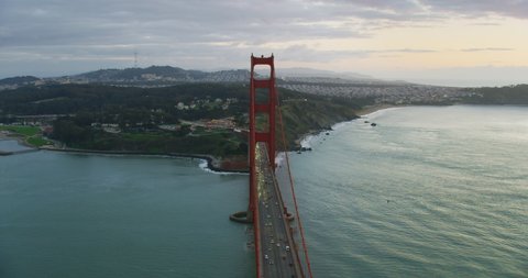 Aerial view of the Golden Gate Bridge. San Francisco, US. This suspension bridge is one of the most iconic landmarks of California. Flyover the bridge. Shot on Red weapon 8K.