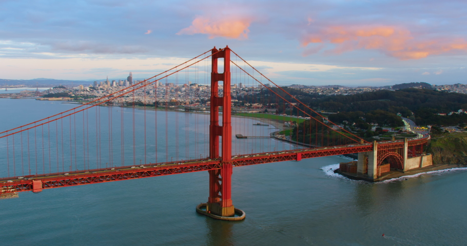 Aerial view of the Golden Gate Bridge in San Francisco. USA. Daylight. Shot on Red weapon 8K.
