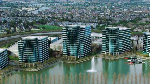 Redwood shores, California, US. Circa 2019. Aerial shot of Oracle Corporation headquarters. Oracle is an American multinational computer technology company, selling a wide range of software products. 