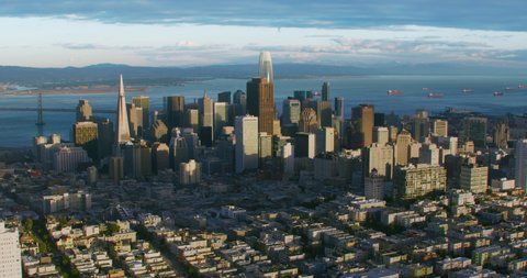 San Francisco skyline. Financial District. Aerial view. California, United States. Shot on Red weapon 8K.