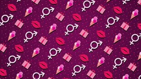 Valentine's day seamless looping background with Bigender Sign and moving gift boxes, lips, ice cream. Non-binary gender. Motion Graphic 4K UHD video. Flat design looped shape animation.