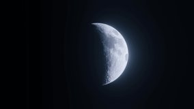 The Moon with a changing phase, detailed surface and lunar craters with seas in the dark night sky - Full cycle. Loop video of glowing satellite isolated on black. Functional, Beautiful, Creative.