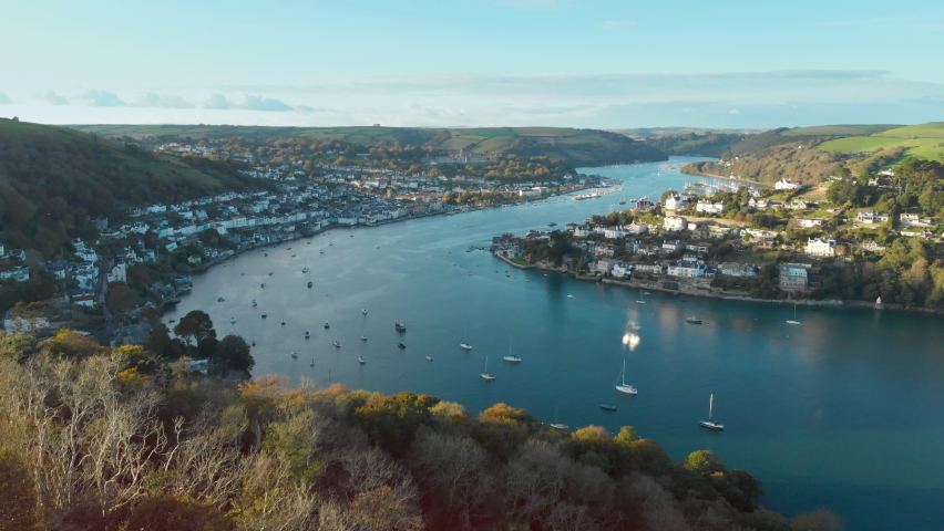 Aerial view of River Dart & estuary, Dartmouth, Devon, England - drone shot
