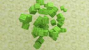 Raw ripe green juicy fresh cucumber, organic food and vegetarian diet 3d render animated abstract background, chopped sliced healthy vegetable 4k animation, realistic graphic design.