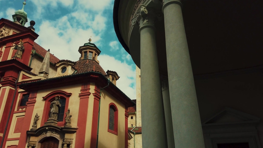 Closeup view of church and historical urban architecture in Prague Czech Republic.