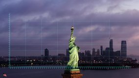 Financial charts and data. Stock exchange figures on a dusk, NYC city skyline and the statue of Liberty - 3d motion graphics animation - Bull market, New York, USA - Powered by Shutterstock - Get 15% off with code: PIKWIZARD15