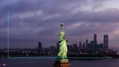 Financial charts and data. Stock exchange figures on a dusk, NYC city skyline and the statue of Liberty - 3d motion graphics animation - Bull market, New York, USA