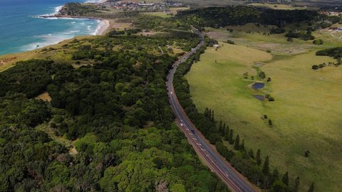 Cars Driving At The Coast Road - Lennox Head, NSW, Australia - aerial drone