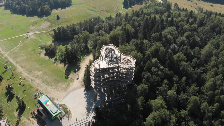 Treetop wooden observation tower. Krynica-Zdroj, Poland.	