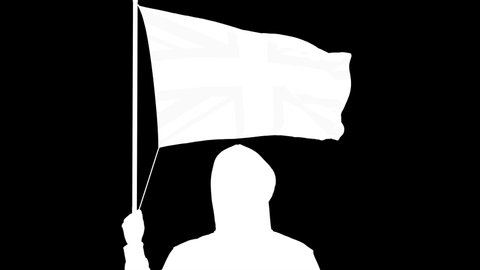 Waving flag of Britain and unknown man wearing black, alpha matte