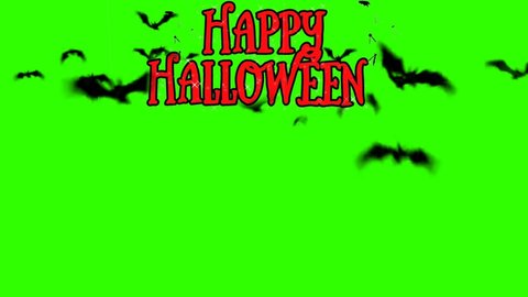 Happy Halloween Text and Bats Flying 4K animation isolated on Green screen background - ( Endless loop ). Bats Roaming on Halloween Night. Scary Halloween Bats..