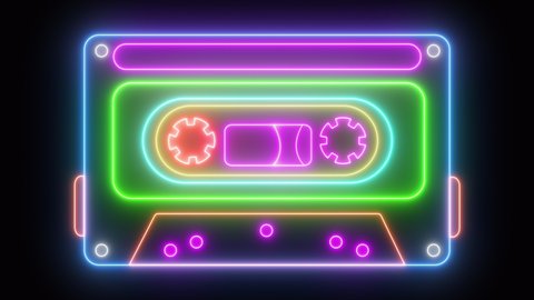 Neon cassette on black background, lights up and goes out. Cassette animation. Loop.