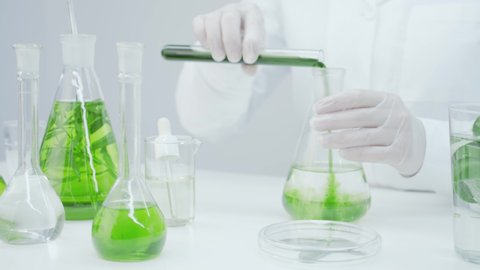 Laboratory technician mixes the green reagent with liquid in flasks. Research of medicinal properties of plants. Natural cosmetics production. Obtaining natural extract. Flasks with plants and algae.