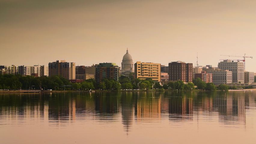 Madison, Wisconsin, USA downtown skyline on Lake Monona.